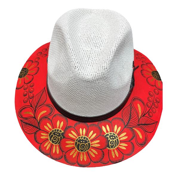 HAT MEXICAN Artisanal Hand Painted Fedora Floral Sombrero Panama Bohemian Red main image 6